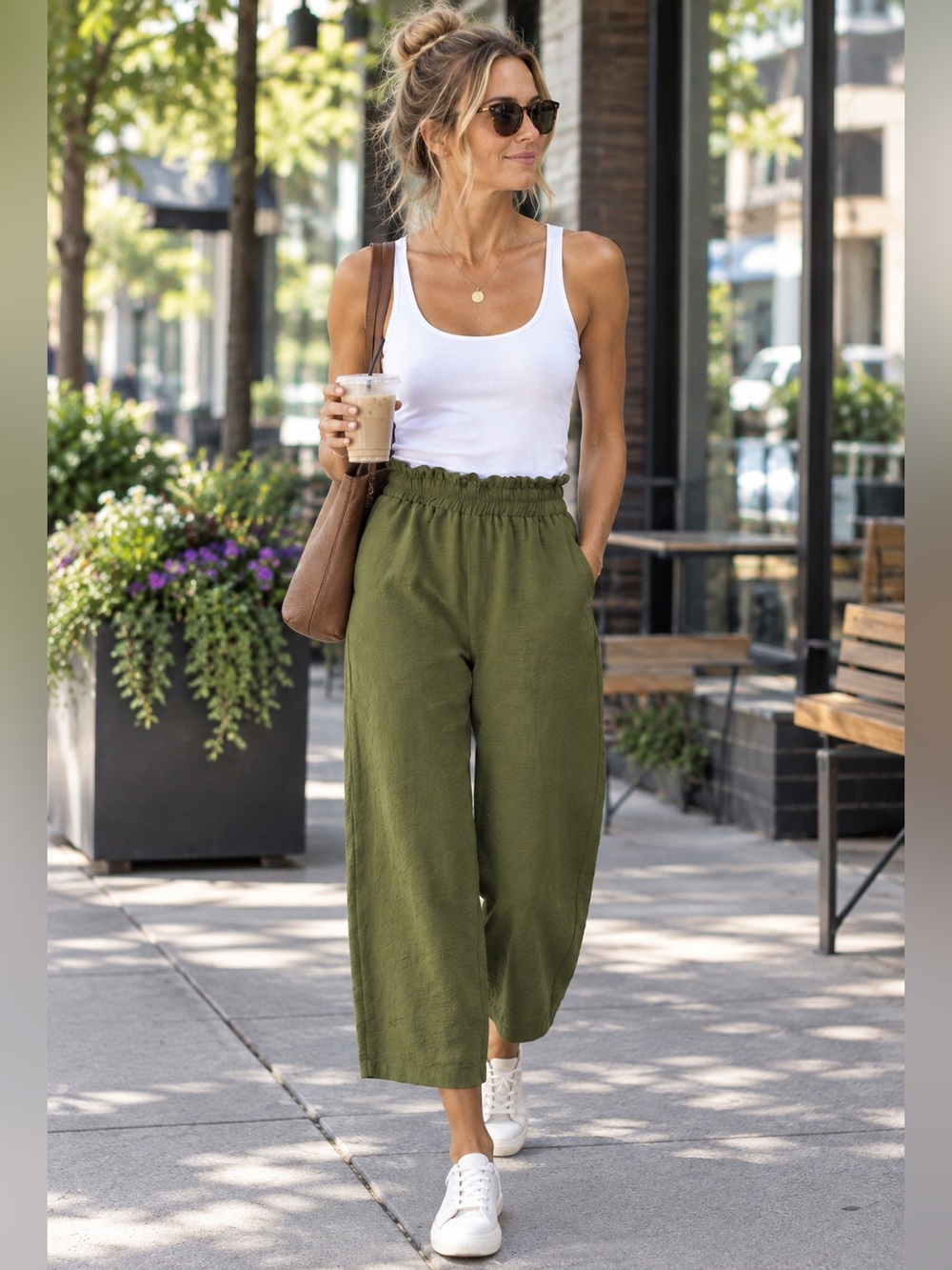 Simplee Wide Leg Olive Green Pants with Elastic Waist and Pockets